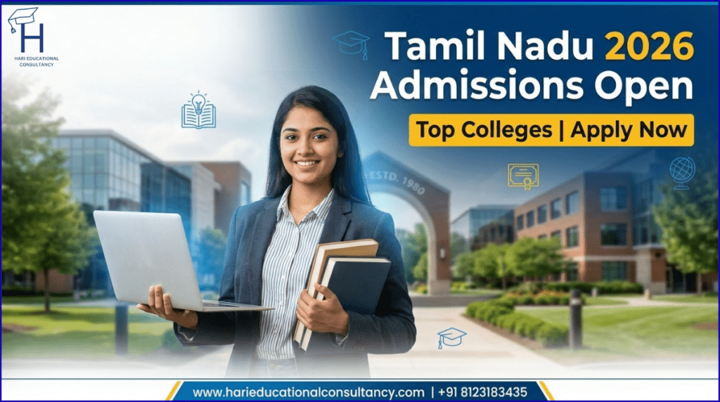 Top colleges in Tamil Nadu 2026 admissions open banner with student and college campus