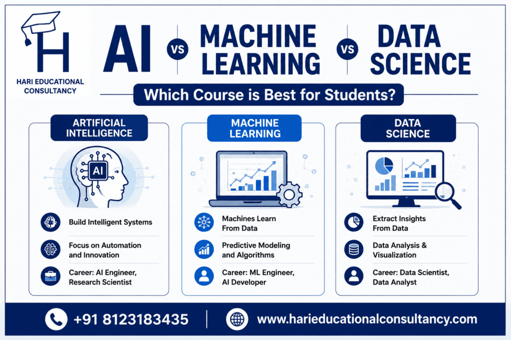 AI vs Machine Learning vs Data Science comparison chart showing career scope, skills, salary potential, and course differences for students.